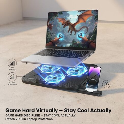 Laptop Cooling Pad, 3 Quiet Fans 5-Level Height, Adjustable Ergonomic Stand, 2 USB Ports Phone, Holder Fits 12" 17" Laptops Family Friendly, for Gaming Work Online Class in Kuwait