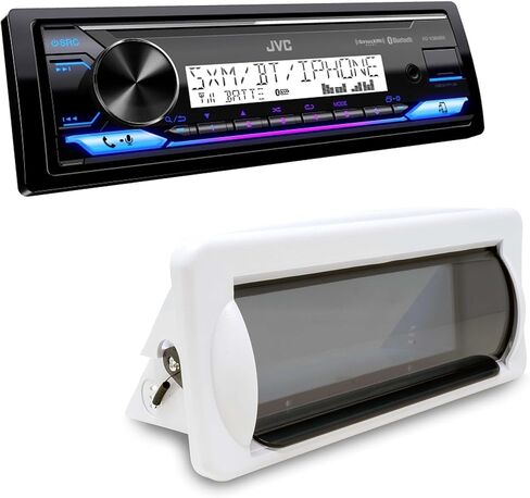 JVC KD-X38MBS مستقبل الوسائط الرقمية البحرية مع بلوتوث، USB، SiriusXM جاهز، ثنائي الفينيل متعدد الكلور المطلي المطابق مع الصوت الإبداعي CAMC1W مجموعة تثبيت راديو DIN أحادية البحرية مع غطاء قابل للسحب (أبيض) in Kuwait