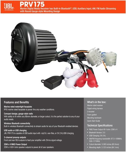 JBL PRV-175 فتحة قياس بحري USB بلوتوث AM/FM مستقبل ستيريو رقمي مع جهاز تحكم سلكي، كابل تمديد، 4X 8 450 واط بحد أقصى 2 مكبرات صوت عالية الأداء للقارب (رمادي) in Kuwait