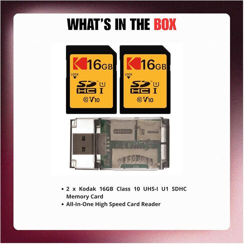 حزمة بطاقة ذاكرة Kodak فئة 10 UHS-I U1 SDHC سعة 16 جيجابايت مع قارئ بطاقات عالي السرعة (3 قطع) in Kuwait