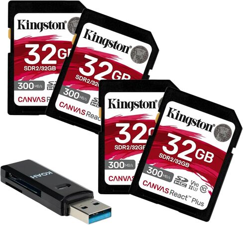 حزمة بطاقة ذاكرة Kingston Canvas React Plus سعة 32 جيجابايت U3 V90 SD مع قارئ بطاقات (5 قطع) in Kuwait