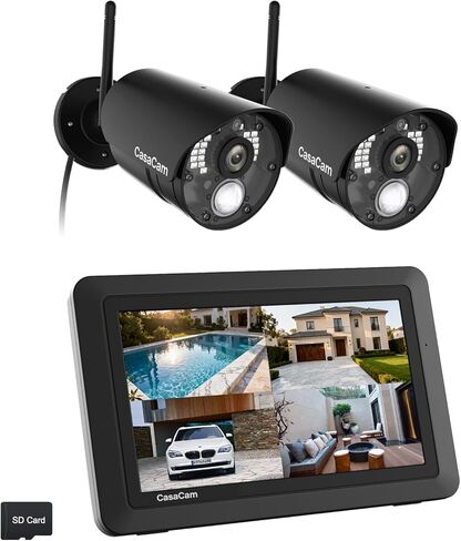 نظام كاميرا أمان لاسلكي CasaCam VS802 مع شاشة لمس مقاس 7 بوصات وقطعتين من الكاميرات عالية الدقة (الكاميرا تتطلب طاقة تيار متردد)، صوت ثنائي الاتجاه، تطبيق مجاني، بطاقة SD وبطارية مثبتة in Kuwait