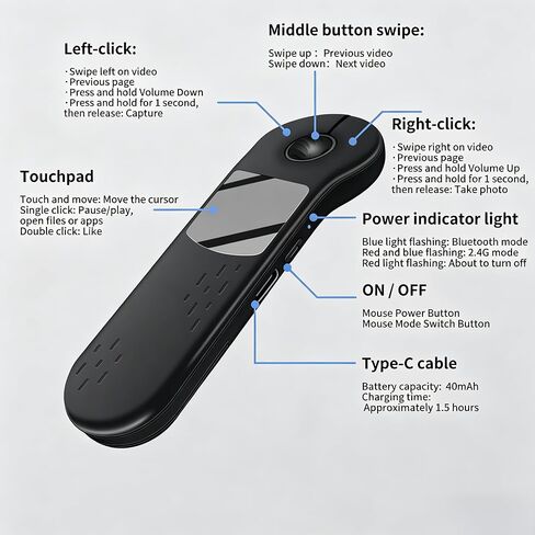 ماوس لاسلكي صغير بتقنية البلوتوث مزدوج الوضع من إليك سبيس - مستقبل USB-C، 2.4 جيجا لاسلكي وبلوتوث، ماوس لوحة اللمس قابل لإعادة الشحن مع حبل مضاد للفقد للكمبيوتر وأجهزة الكمبيوتر المحمولة والأجهزة اللوحية والهواتف الذكية (أسود) in Kuwait