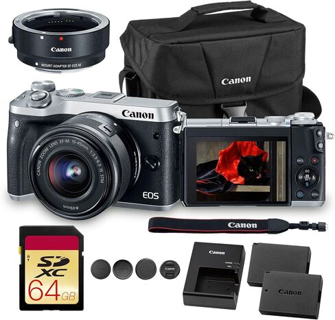 Canon EOS M6 Mirrorless Digital Camera with 15-45mm Lens (Silver) 24.2MP APS-C Sensor, Dual Pixel AF & Full HD Video | Vlogging Camera (1725C011) + EF-M Lens Adapter + LP-E17 + 64GB Card + Bag in Kuwait