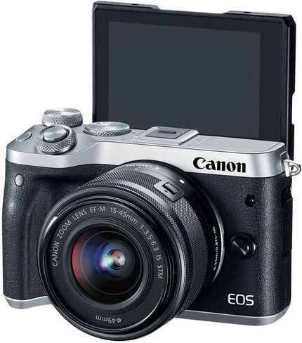 Canon EOS M6 Mirrorless Digital Camera with 15-45mm Lens (Silver) 24.2MP APS-C Sensor, Dual Pixel AF & Full HD Video | Vlogging Camera (1725C011) + EF-M Lens Adapter + LP-E17 + 64GB Card + Bag in Kuwait