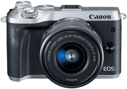 Canon EOS M6 Mirrorless Digital Camera with 15-45mm Lens (Silver) 24.2MP APS-C Sensor, Dual Pixel AF & Full HD Video | Vlogging Camera (1725C011) + EF-M Lens Adapter + LP-E17 + 64GB Card + Bag in Kuwait