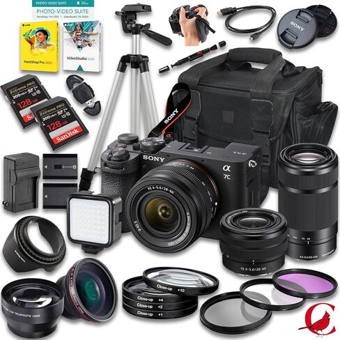 كاميرا Sony a7C II بدون مرآة مع عدسة 28-60 مم وE 55-210 مم f/4.5-6.3 OSS + ذاكرة 256 جيجابايت + بطارية إضافية + حقيبة كاميرا + حامل ثلاثي + المزيد (حزمة 32 قطعة) in Kuwait