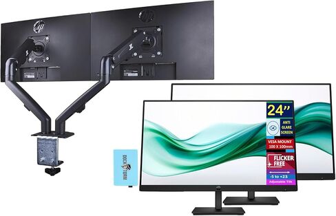 شاشة كمبيوتر HP 24 بوصة Series 3 Pro مقاس 24 بوصة بدقة FHD (1920 × 1080)، شاشة مضادة للتوهج 100 هرتز، HDMI، حامل VESA، أسود، حزمة مع محور Dockztorm وحامل الشاشة المزدوج ErgoFlexy. (2 حزمة) in Kuwait
