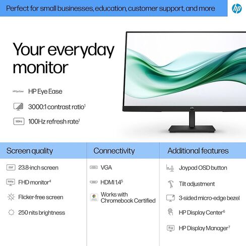 شاشة كمبيوتر HP 24 بوصة Series 3 Pro مقاس 24 بوصة بدقة FHD (1920 × 1080)، شاشة مضادة للتوهج 100 هرتز، HDMI، حامل VESA، أسود، حزمة مع محور Dockztorm وحامل الشاشة المزدوج ErgoFlexy. (2 حزمة) in Kuwait