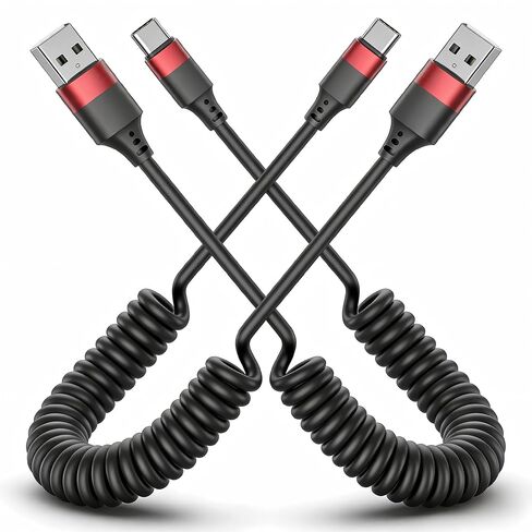 2 حزمة كابل USB C ملفوف CarPlay، شحن سريع USB إلى سلك USB C لهاتف Samsung Galaxy S25، Moto G9، Google Pixel، iPhone 17/17 Pro Max، قابل للسحب للسيارة in Kuwait