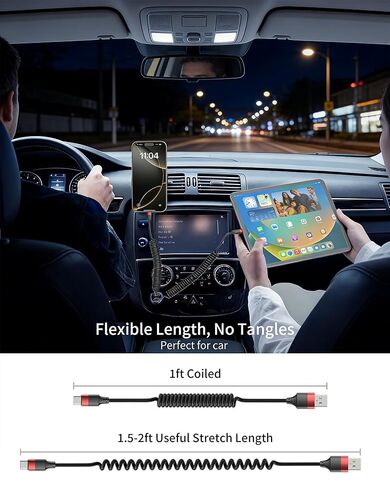 2 حزمة كابل USB C ملفوف CarPlay، شحن سريع USB إلى سلك USB C لهاتف Samsung Galaxy S25، Moto G9، Google Pixel، iPhone 17/17 Pro Max، قابل للسحب للسيارة in Kuwait