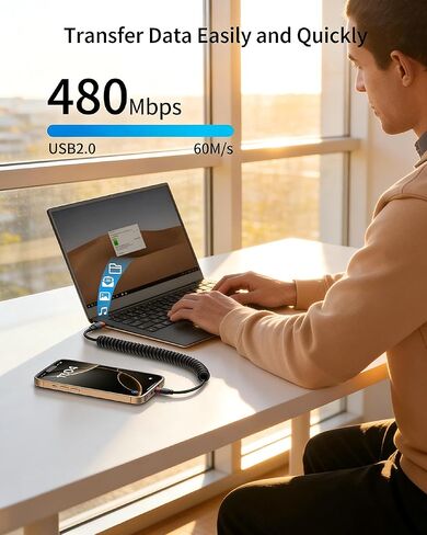2 حزمة كابل USB C ملفوف CarPlay، شحن سريع USB إلى سلك USB C لهاتف Samsung Galaxy S25، Moto G9، Google Pixel، iPhone 17/17 Pro Max، قابل للسحب للسيارة in Kuwait
