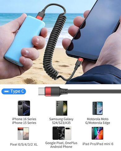 2 حزمة كابل USB C ملفوف CarPlay، شحن سريع USB إلى سلك USB C لهاتف Samsung Galaxy S25، Moto G9، Google Pixel، iPhone 17/17 Pro Max، قابل للسحب للسيارة in Kuwait