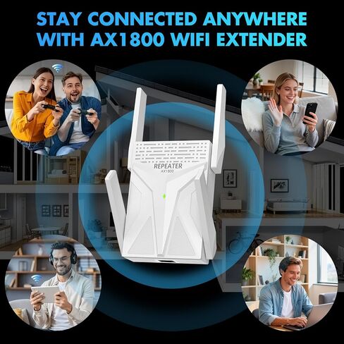 معزز إشارة موسع AX1800 WiFi 6 للمنزل، مكرر نطاق WiFi مزدوج النطاق مكرر الإنترنت يغطي ما يصل إلى 10000 قدم مربع و55 جهازًا، معزز WiFi لاسلكي مع منفذ جيجابت، وضع AP، إعداد بنقرة واحدة in Kuwait