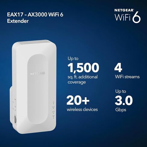 موسع نطاق NETGEAR WiFi 6 (EAX17) - معزز ومكرر الإشارة اللاسلكية ثنائي النطاق AX3000 (سرعة تصل إلى 3.0 جيجابت في الثانية) - أضف ما يصل إلى 1500 قدم مربع، 20 جهازًا (متجدد) in Kuwait