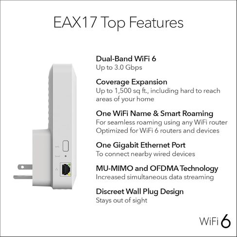 موسع نطاق NETGEAR WiFi 6 (EAX17) - معزز ومكرر الإشارة اللاسلكية ثنائي النطاق AX3000 (سرعة تصل إلى 3.0 جيجابت في الثانية) - أضف ما يصل إلى 1500 قدم مربع، 20 جهازًا (متجدد) in Kuwait