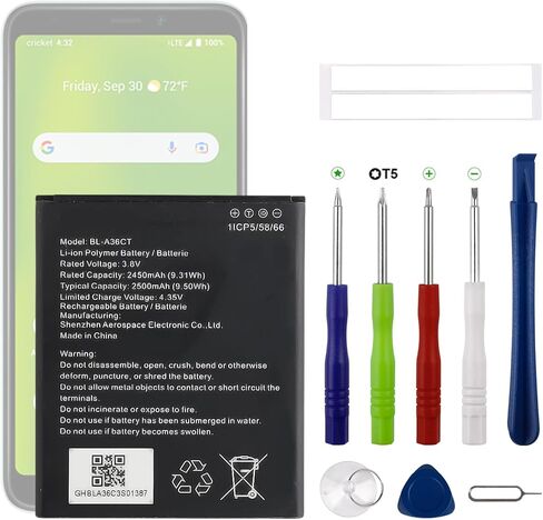 بطارية BL-A36CT جديدة قابلة لإعادة الشحن بقدرة 2500 مللي أمبير في الساعة متوافقة مع Cricket Debut Smart SL101AE/Koobee K100 SL004T مع مجموعة أدوات إصلاح مطورة in Kuwait