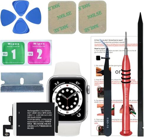 بطارية بديلة لساعة Apple Watch Series 6 40 مم (ليست لـ S6 44 مم)، بطارية 265.9 مللي أمبير في الساعة iWatch 6 40 مم A2345 مع أجزاء إصلاح + دليل التثبيت + غطاء خلفي لاصق in Kuwait