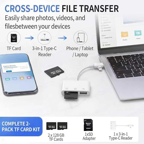 عبوتان من بطاقة Micro SD بسعة 128 جيجابايت مع قارئ 3 في 1 من النوع C، وبطاقة TF U3 V30 عالية التحمل لكاميرا Dash Cam، Wyze، Blink، كاميرا الأمان، وضع Tesla Sentry، تشغيل الفيديو والهاتف بدقة 4K لهاتف iPhone 15/16 Android in Kuwait