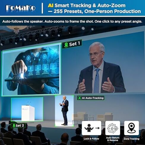 كاميرا FoMaKo 30X بصري + 16X تكبير رقمي PTZ، تتبع تلقائي 1080P 60 إطارًا في الثانية AI مع تكبير تلقائي ذكي، لمسابقات الرقص أو العروض الموسيقية البث المباشر (K30X2+KC800) in Kuwait