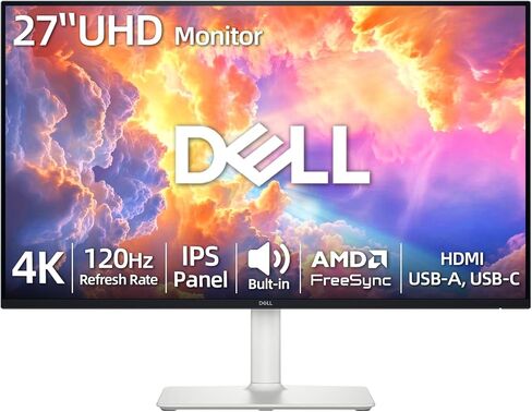 Dell 27" 4K UHD Monitor, IPS Display, 120Hz, 99% sRGB Color Gamut, Built-in Speakers, AMD FreeSync, Low Blue Light Technology, USB-C, Adjustable Stand(Tilt|Pivot|Height|Swivel) - Ash White in Kuwait