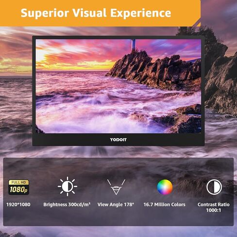 Yodoit Portable Monitor for Laptop 1920×1080 17.3" FHD Screen IPS Display with USB Type C Port, Built-in Speakers and Smart Cover Compatible with PC, MacBook, Xbox (Black) in Kuwait