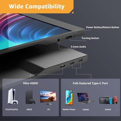 Yodoit Portable Monitor for Laptop 1920×1080 17.3" FHD Screen IPS Display with USB Type C Port, Built-in Speakers and Smart Cover Compatible with PC, MacBook, Xbox (Black) in Kuwait
