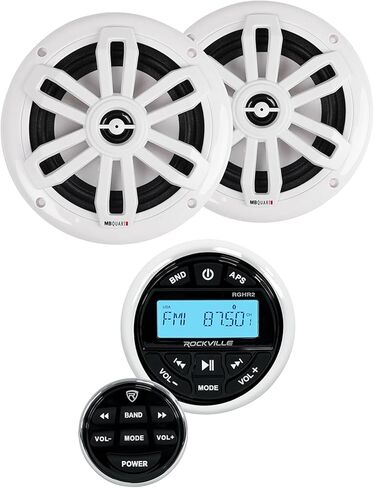 Rockville RGHR2 Bundle: Marine Gauge Hole Receiver with Bluetooth USB Radio Wired Remote, Pair MB Quart NF1-116SW 6.5-in 2-Way Ultra Slim Marine Speakers White, 2-Items in Kuwait