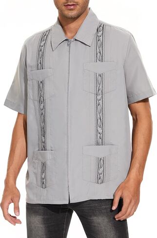 قمصان رجالية بأكمام قصيرة من Guayabera للرجال بسحاب كوبي كاجوال من القطن للشاطئ مع جيوب in Saudi Arabia