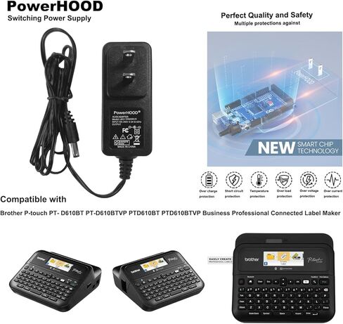 محول تيار متردد/تيار مستمر متوافق مع Brother P-Touch PT- D610BT PT-D610BTVP PTD610BT PTD610BTVP Business Professional Connected Label Maker 12VDC تحويل سلك الطاقة كابل شاحن PSU Mains in Kuwait