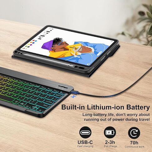 Case with Keyboard for Samsung Galaxy Tab S6 Lite 10.4 Inch 2024/2022/2020, Built-in S Pen Holder, 7 Color Rainbow Backlight Detachable Wireless Keyboard Cover with LED Bluetooth 2.4G Mouse in Kuwait