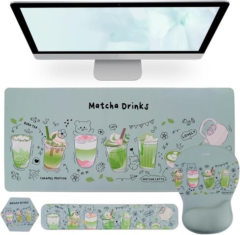 Desk Mat Wrist Support Set - 4 in 1 Ergonomic Hand Rest Wrist Cushion Non-Slip Large Desk Pad + Memory Foam Keyboard Wrist Rest + Mouse Pad + Coaster Set (Green Matcha Drinks) in Kuwait