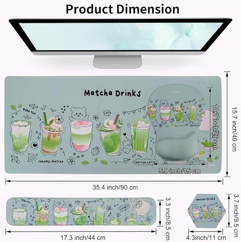 Desk Mat Wrist Support Set - 4 in 1 Ergonomic Hand Rest Wrist Cushion Non-Slip Large Desk Pad + Memory Foam Keyboard Wrist Rest + Mouse Pad + Coaster Set (Green Matcha Drinks) in Kuwait