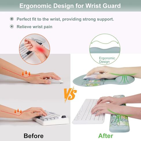 Desk Mat Wrist Support Set - 4 in 1 Ergonomic Hand Rest Wrist Cushion Non-Slip Large Desk Pad + Memory Foam Keyboard Wrist Rest + Mouse Pad + Coaster Set (Green Matcha Drinks) in Kuwait