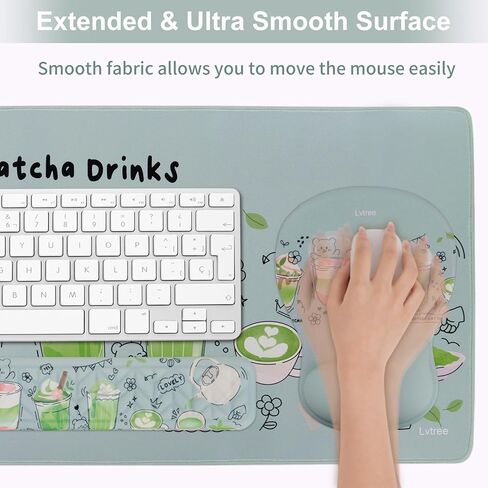 Desk Mat Wrist Support Set - 4 in 1 Ergonomic Hand Rest Wrist Cushion Non-Slip Large Desk Pad + Memory Foam Keyboard Wrist Rest + Mouse Pad + Coaster Set (Green Matcha Drinks) in Kuwait