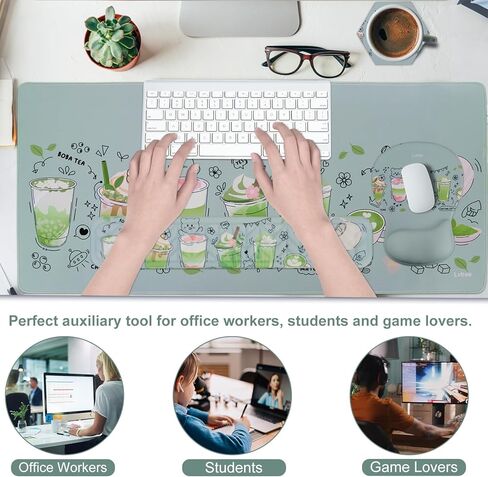 Desk Mat Wrist Support Set - 4 in 1 Ergonomic Hand Rest Wrist Cushion Non-Slip Large Desk Pad + Memory Foam Keyboard Wrist Rest + Mouse Pad + Coaster Set (Green Matcha Drinks) in Kuwait