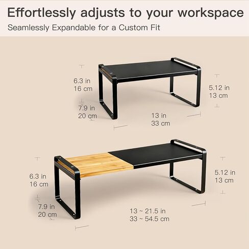Expandable Desk Shelf Organizer, Sturdy Bamboo Desktop Riser for Monitor, Laptop & Office Storage, Modern Workspace Stand Accessories (Black) in Kuwait