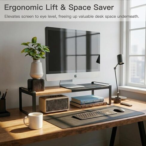 Expandable Desk Shelf Organizer, Sturdy Bamboo Desktop Riser for Monitor, Laptop & Office Storage, Modern Workspace Stand Accessories (Black) in Kuwait