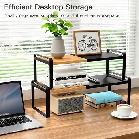 Expandable Desk Shelf Organizer, Sturdy Bamboo Desktop Riser for Monitor, Laptop & Office Storage, Modern Workspace Stand Accessories (Black) in Kuwait