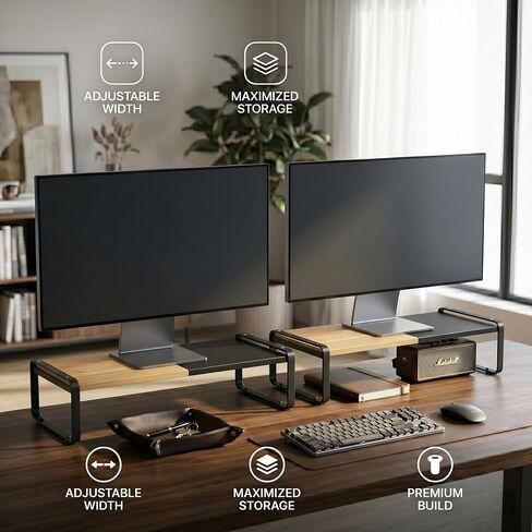 Expandable Desk Shelf Organizer, Sturdy Bamboo Desktop Riser for Monitor, Laptop & Office Storage, Modern Workspace Stand Accessories (Black) in Kuwait