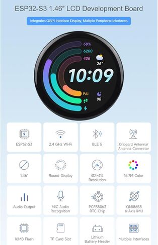 Waveshare ESP32-S3 لوحة تطوير شاشة مستديرة 1.46 بوصة دقة 412 × 412 16.7 متر لوحة عرض IPS تعمل باللمس بالسعة اللون مكبر صوت وميكروفون على متن الطائرة in Kuwait