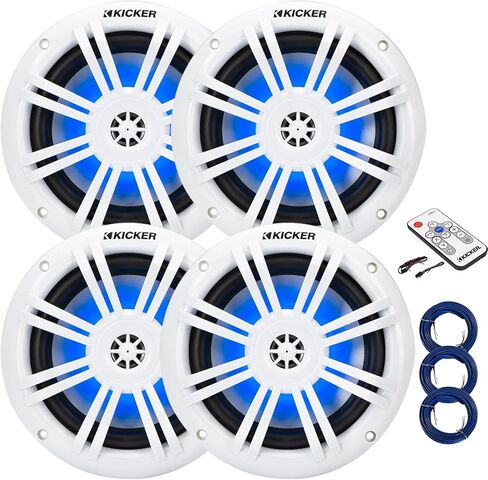 KICKER 51KM604WL KM 6.5" 150 Watts Max Power 4 ohms RGB LED Marine Coaxial Speakers (2 Pairs) Bundle Combo with 3X 20 Feet 16 Gauge Speaker Wire, LED Controller in Kuwait