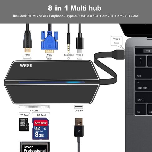 WGGE USB C Travel Dock, USB C/Type c Hub 8-in-1 USB C Hub Adapter with VGA Port,Type c Port, MicroSD/SD/TF/CF Card Reader,USB 3.0 Port,CompactFlash,USB C Charging Port for USB C Devices in Kuwait