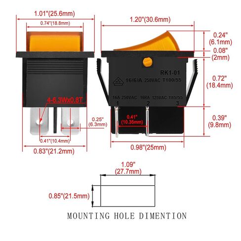 Heschen Rocker Switch ON-Off DPST 4 Terminals, Yellow Light 16A 250VAC 2Pack in Kuwait