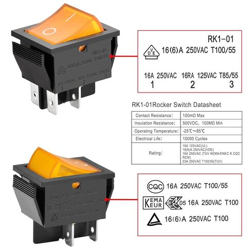 Heschen Rocker Switch ON-Off DPST 4 Terminals, Yellow Light 16A 250VAC 2Pack in Kuwait