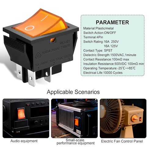 Heschen Rocker Switch ON-Off DPST 4 Terminals, Yellow Light 16A 250VAC 2Pack in Kuwait