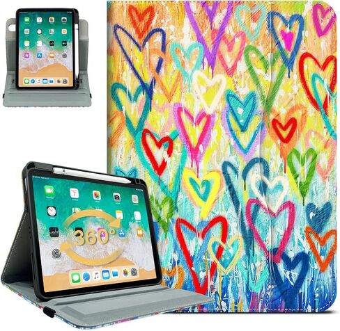 Rotating Case for iPad (A16) 11th Generation, iPad 10th Generation Case with Pencil Holder Kids Women Men 360 Swivel Multi-Angle Adjustable Stand Pencil Holder/Pocket/Hand Strap Colorful Love Heart in Kuwait