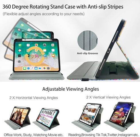 Rotating Case for iPad (A16) 11th Generation, iPad 10th Generation Case with Pencil Holder Kids Women Men 360 Swivel Multi-Angle Adjustable Stand Pencil Holder/Pocket/Hand Strap Colorful Love Heart in Kuwait