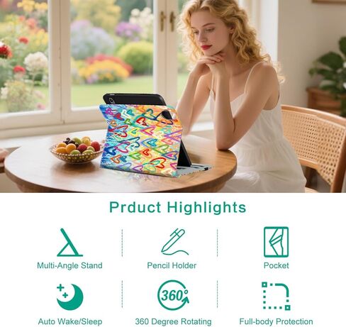 Rotating Case for iPad (A16) 11th Generation, iPad 10th Generation Case with Pencil Holder Kids Women Men 360 Swivel Multi-Angle Adjustable Stand Pencil Holder/Pocket/Hand Strap Colorful Love Heart in Kuwait