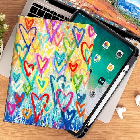 Rotating Case for iPad (A16) 11th Generation, iPad 10th Generation Case with Pencil Holder Kids Women Men 360 Swivel Multi-Angle Adjustable Stand Pencil Holder/Pocket/Hand Strap Colorful Love Heart in Kuwait